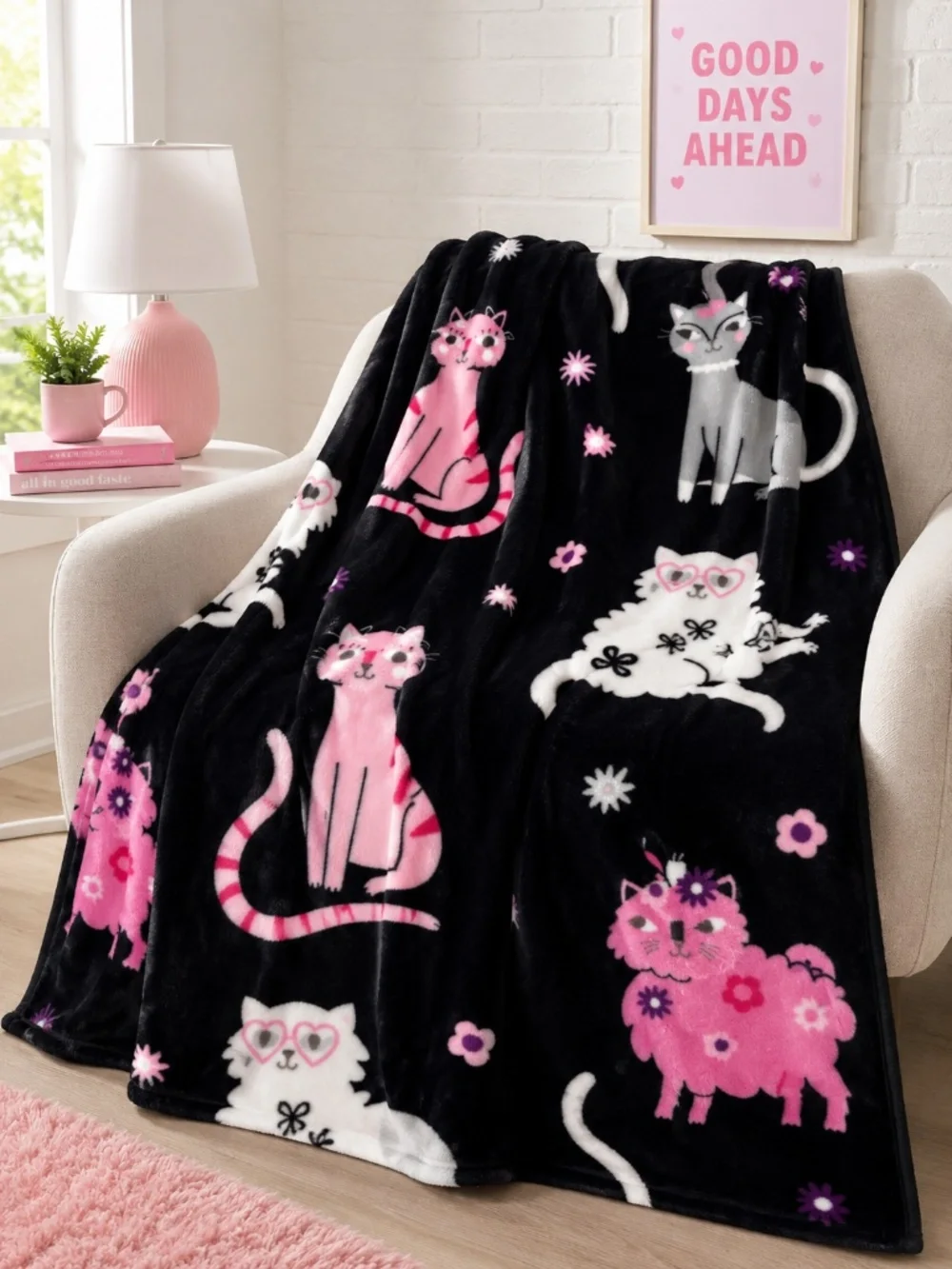 NWT Betsey Johnson Plush Throw Blanket Pink Black Cats 50x60 Ultra Soft Cozy - Picture 1 of 6